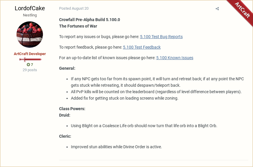ProjectMalekai's tweet photo. LordofCake posted in "5.100 Snap TEST Patch Notes for 8/20 - 26/19" #Crowfall #RedPost
https://t.co/9Ebd1FJCSi https://t.co/xt7zBnfxsD
