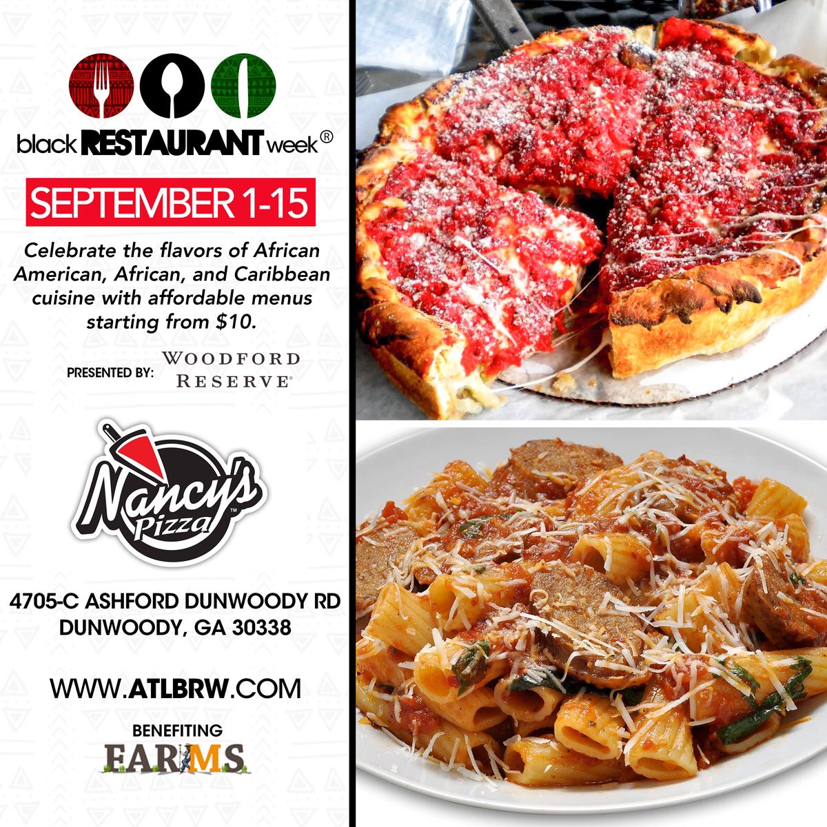 blkrestaurantwk's tweet photo. We are proud to announce that @nancys_pizzeria will be featured during #Atlanta #blackrestaurantweek September 1-15 presented by @woodfordreserve . Be sure to turn on your motivations to receive instant updates and follow your fork to some good pizza and pasta during #ATLBRW https://t.co/afkn0Gao0P