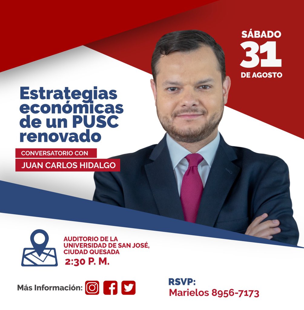 Amigos Sancarleños, no se pierdan esta actividad, para que podamos conversar sobre estrategias económicas de un PUSC renovado con mi co-partidario Juan Carlos Hidalgo. 🔴🔵