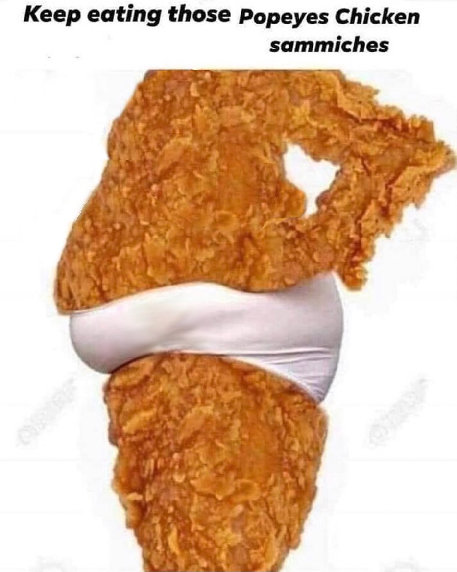 "Keep eating those Popeyes chicken sammiches" image of fat guy made out of collage of photos of fried chicken