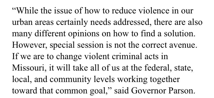 alexiszotos's tweet photo. There have been calls for a special session from #moleg tonaddress the gun violence plaguing our city. Today @GovParsonMO says that’s not the answer. https://t.co/IUBaWMpSLM