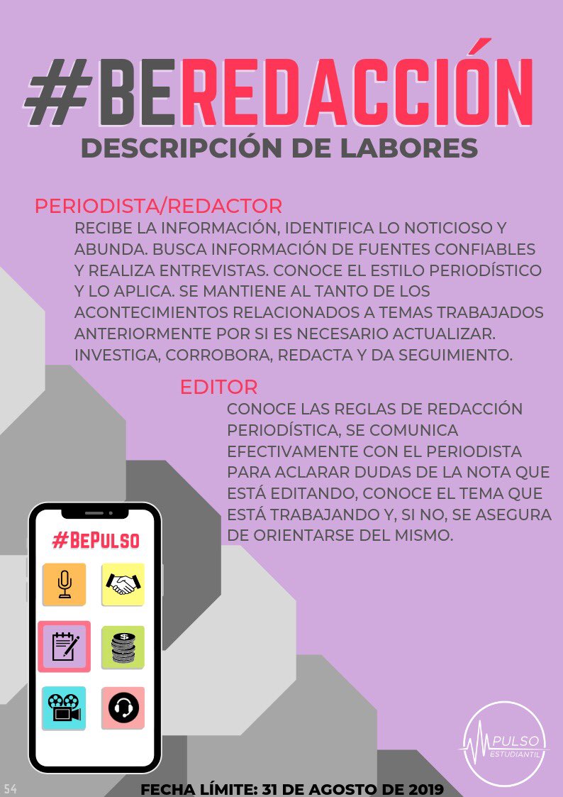 PulsoEST's tweet photo. 🚨CONVOCATORIA ABIERTA🚨
¿Quieres formar parte de REDACCIÓN?
Estos son los deberes que cada miembro de la rama debe cumplir.
¡ANÍMATE!
#BePulso & #BeRedacción
Llena el formulario: https://t.co/4FI8Y4QKPh https://t.co/GpK0OLEJDW