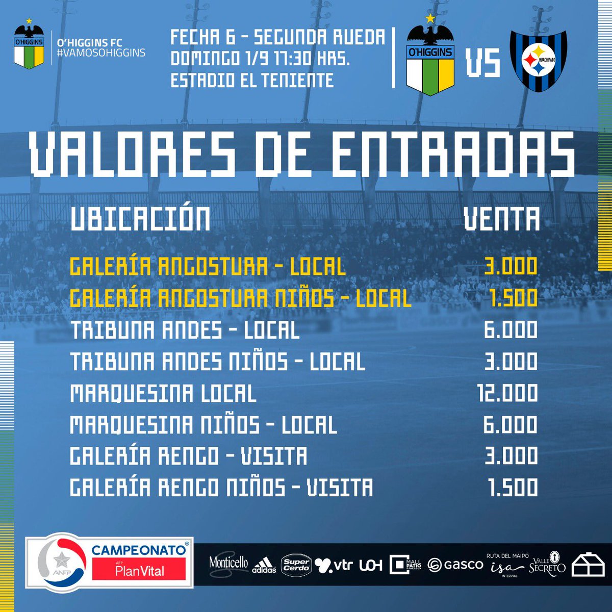 HinchadadelCapo's tweet photo. ¡Valores rebajados! Para el partido de este domingo O’Higgins informó los valores de las entradas para el duelo ante Huachipato ¡Nos vemos en el Teniente! ✌🏻 https://t.co/8D3PWBnAXM