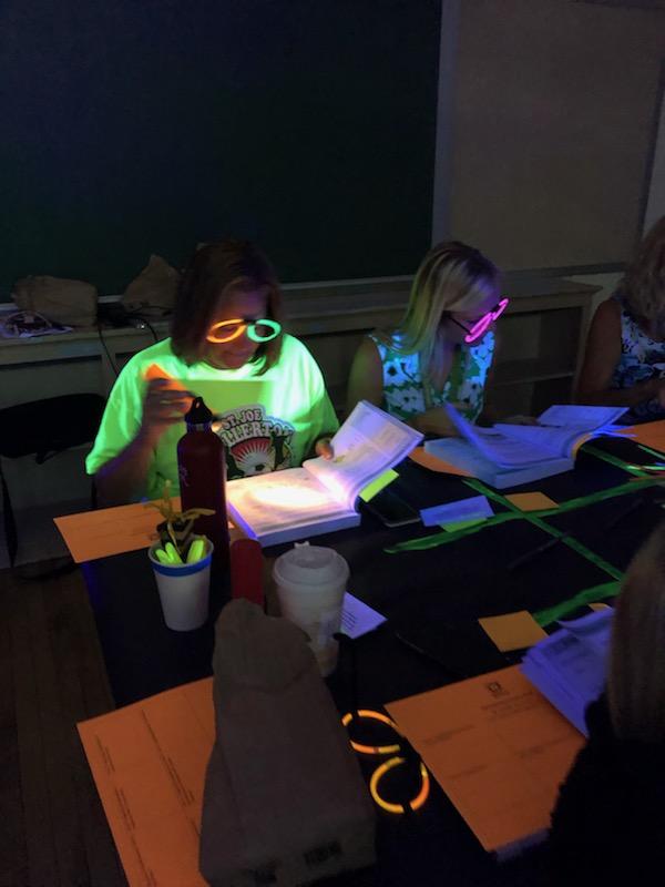 ScripturePamela's tweet photo. What a memorable first day! @Afowler5F provided an overview of our book using "glow games", @twilkinsBCPS had everyone trying to "break out" and we had a chance to "dig" into data! #memorablemoments https://t.co/KsTyoXUTZi