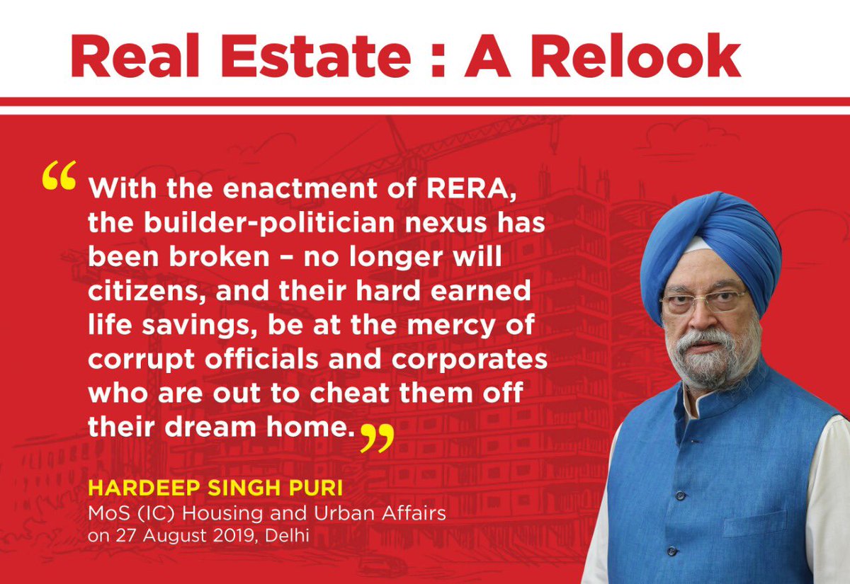MoHUA_India's tweet photo. “With the enactment of RERA, the builder-politician nexus has been broken – no longer will citizens, &amp; their hard earned life savings, be at the mercy of corrupt officials &amp; corporates who are out to cheat them off their dream home.” 

- MoS (I/C) H&amp;UA @HardeepSPuri https://t.co/oAUG0F7AYd