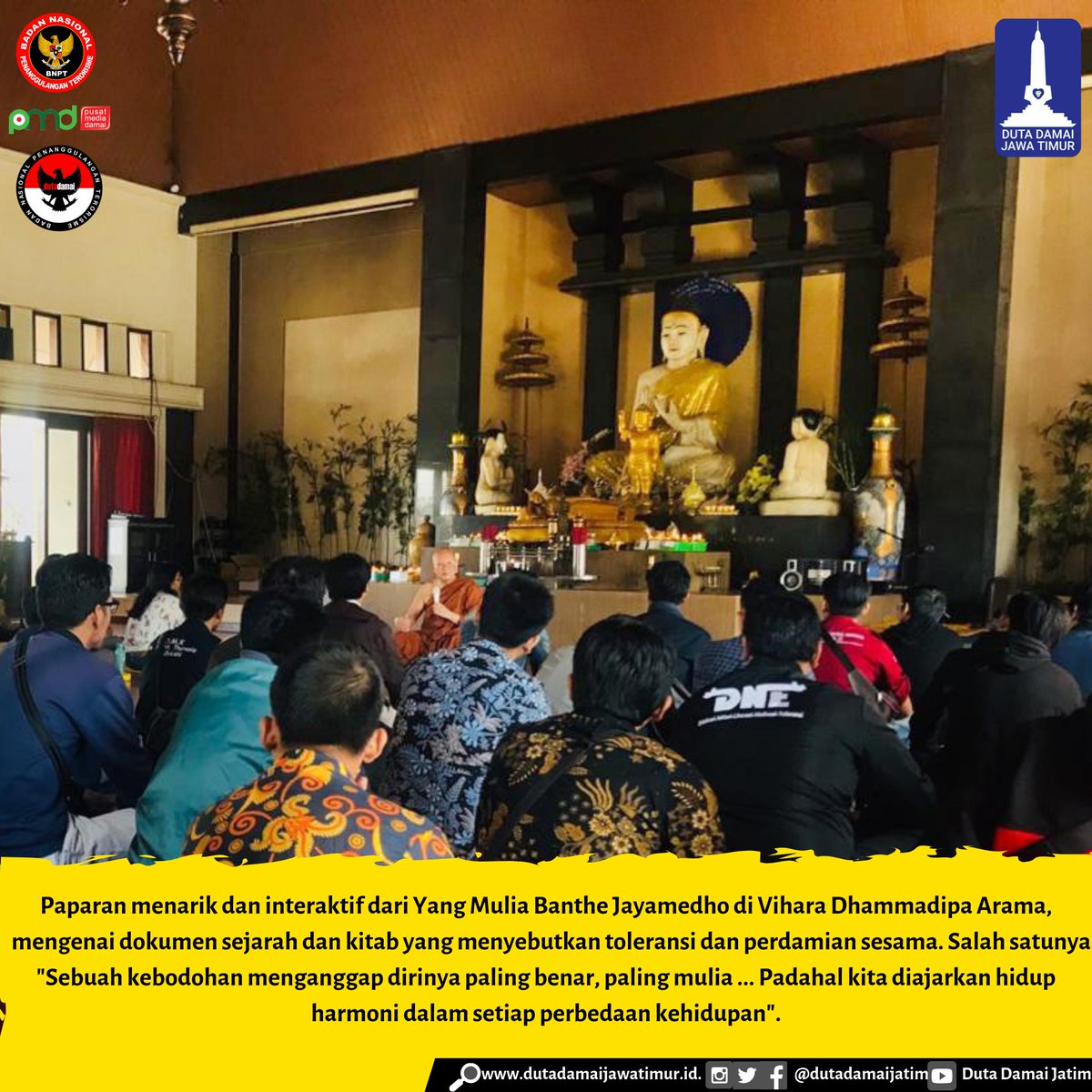 dutadamaijatim's tweet photo. Peserta Interfaith Tour 4.0 bersam @yipcindonesia @YIPCMalang dan @dutadamaijatim dan komunitas lainnya di Vihara Dhammadipa Arama
#dutadamaijawatimur #dutadamaijatim #interfaithtour #yipcmalang #damaidalamkebhinnekaan #indonesiadamai #damaiituindonesia https://t.co/1IwYkjpJl4