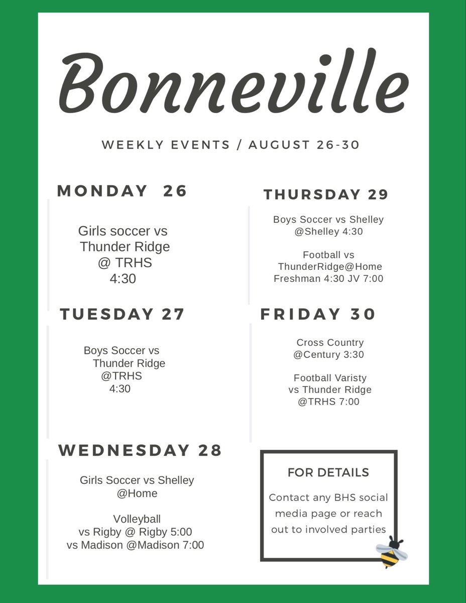 Here is our weekly BHS extra curricular activity schedule! Come out and support your friends after school! 💚🐝