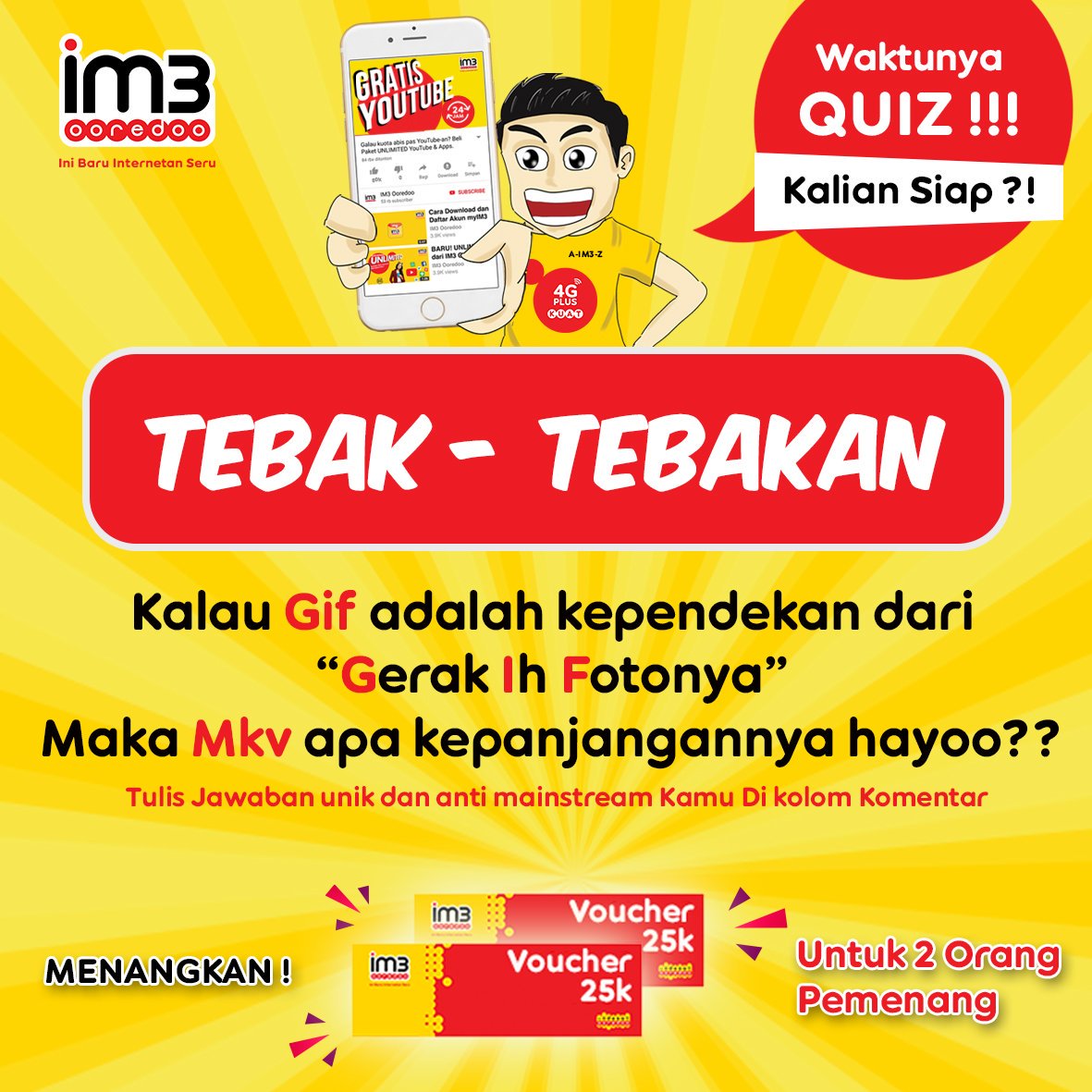 kantikantim3's tweet photo. Caranya, follow akun @IM3OoredooJBI dan tulis jawaban kreatif, lucu, unik, antimainstream kamu di kolom komentar &amp; Mention 5 temen kamu yaaa. https://t.co/EhyuwZODhy