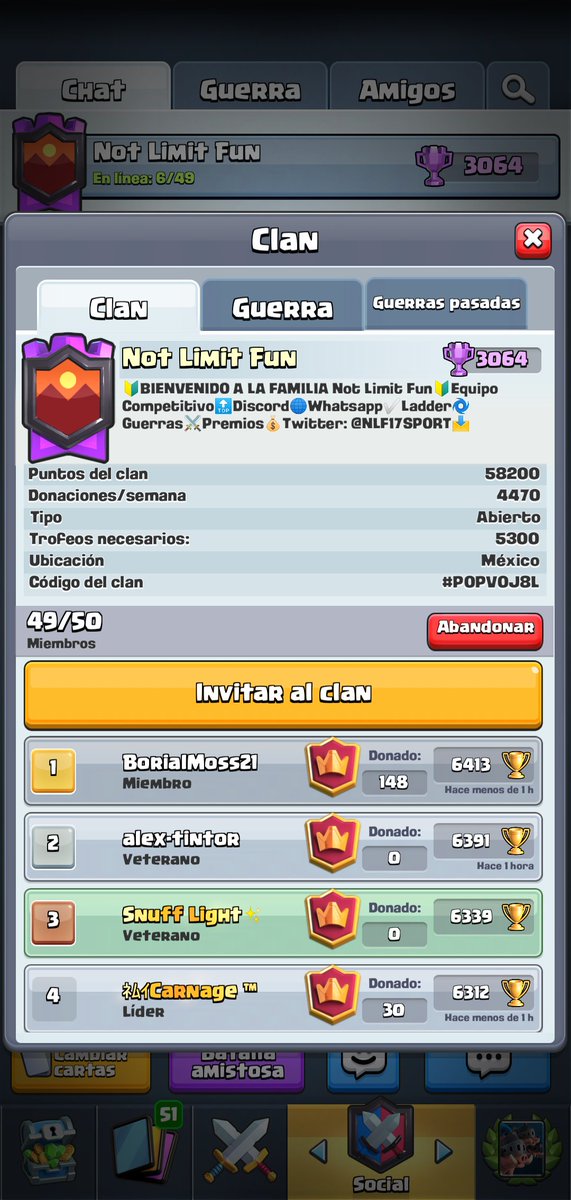 link.clashroyale.com/invite/clan/es…
 Regla del 49/50  bienvenidos chicos 
Recompensas de ladder 
Equipo competitivo
Grupo de whatsap