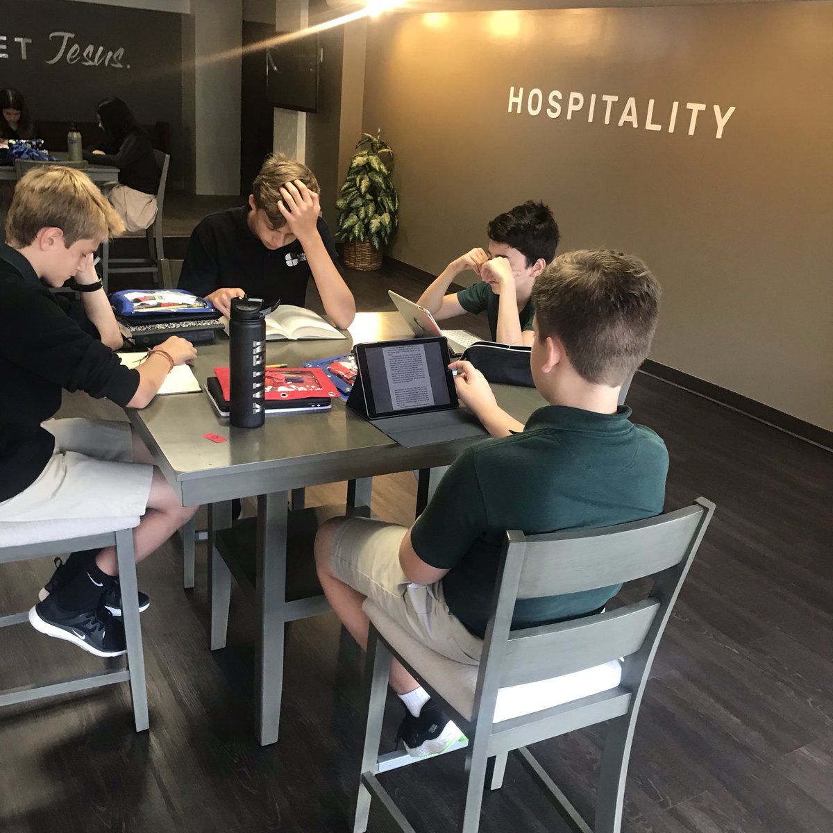 Young_sml's tweet photo. When the A/C is out and it feels like 100 degrees, you move to the churchโs updated hospitality area and suddenly feel like you should be sipping a latte. ๐คโ๏ธ #teachingrequiresflexibility #awesomemiddleschoolers #8thgradelanguagearts #weheartreading #sml1920 https://t.co/eqdaD358Qv