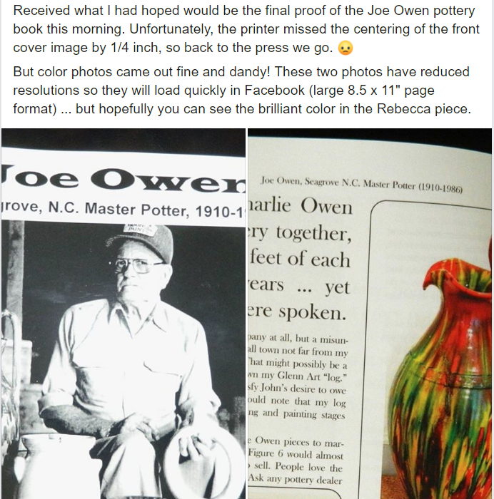 BooksByPhilip's tweet image. One problem or another usually happens with most books. With my Joe Owen book, the printer missed the centering of the cover image by 1/4 inch, so back to the press it went  :-(   Fixed now and on Amazon:  amzn.to/2RQ8WXW

#PublishingProblems #PotteryBook #SeagrovePottery