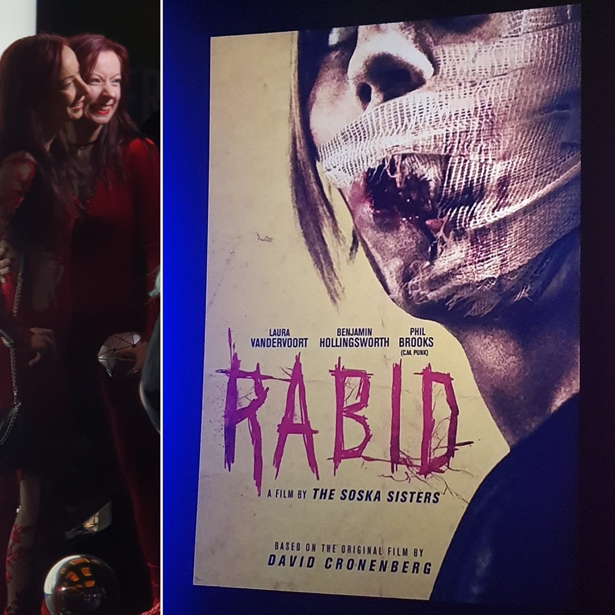 MLKster's tweet photo. @Frightfest managed to coax those shy, retiring #SoskaSisters into the (literal) spotlight to introduce the #WorldPremiere of their remake of #Rabid; one that is also a tribute to all things #Cronenbergian (adj: to do with #DavidCronenberg).
And a worthy tribute it is too... https://t.co/HlBUrqU0BP