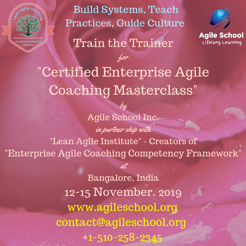 ravneetkj's tweet photo. Train the Trainer for Certified Enterprise Agile Coaching Masterclass at Bangalore, India 12-15 Nov. 2019. Please register on https://t.co/1wRDw8fK2K or visit https://t.co/SbAux34Aj7
 #agiletransformation #bangalore #india #enterpriseagilecoach #agilecoaching #enterpriseagility https://t.co/uadsv0dHwA