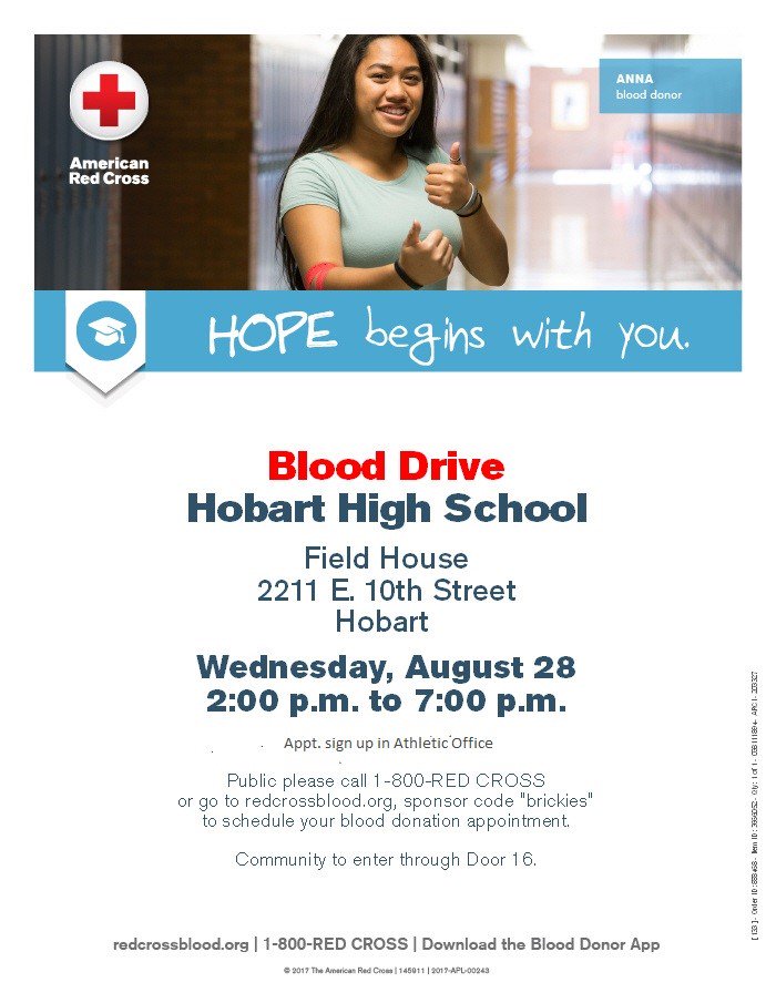 HobartHS's tweet photo. The HHS Athletic Dept is sponsoring a Blood Drive this Wednesday. Your donation can help save up to three lives! If you are able to donate, stop by between 2-7pm, door 16. Info/appointments: 1-800-RED-CROSS or https://t.co/H8BRImhVwk Sponsor code: brickies. Thank you for helping! https://t.co/lq2FxzzNWz