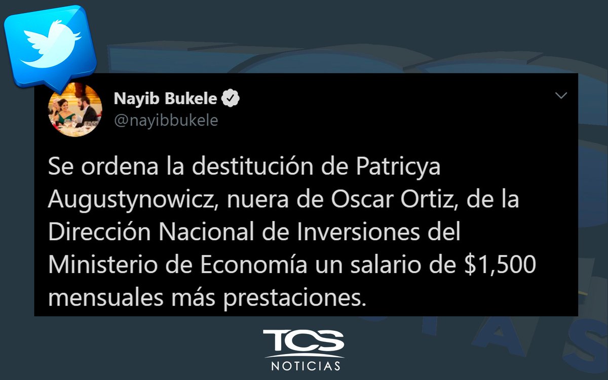 tcsnoticias's tweet photo. @nayibbukele Presidente @nayibbukele  también ordenó la destitución de Patricya Augustynowicz, nuera de Oscar Ortiz, de la Dirección Nacional de Inversiones del Ministerio de Economía. https://t.co/YtRLhkz9NF