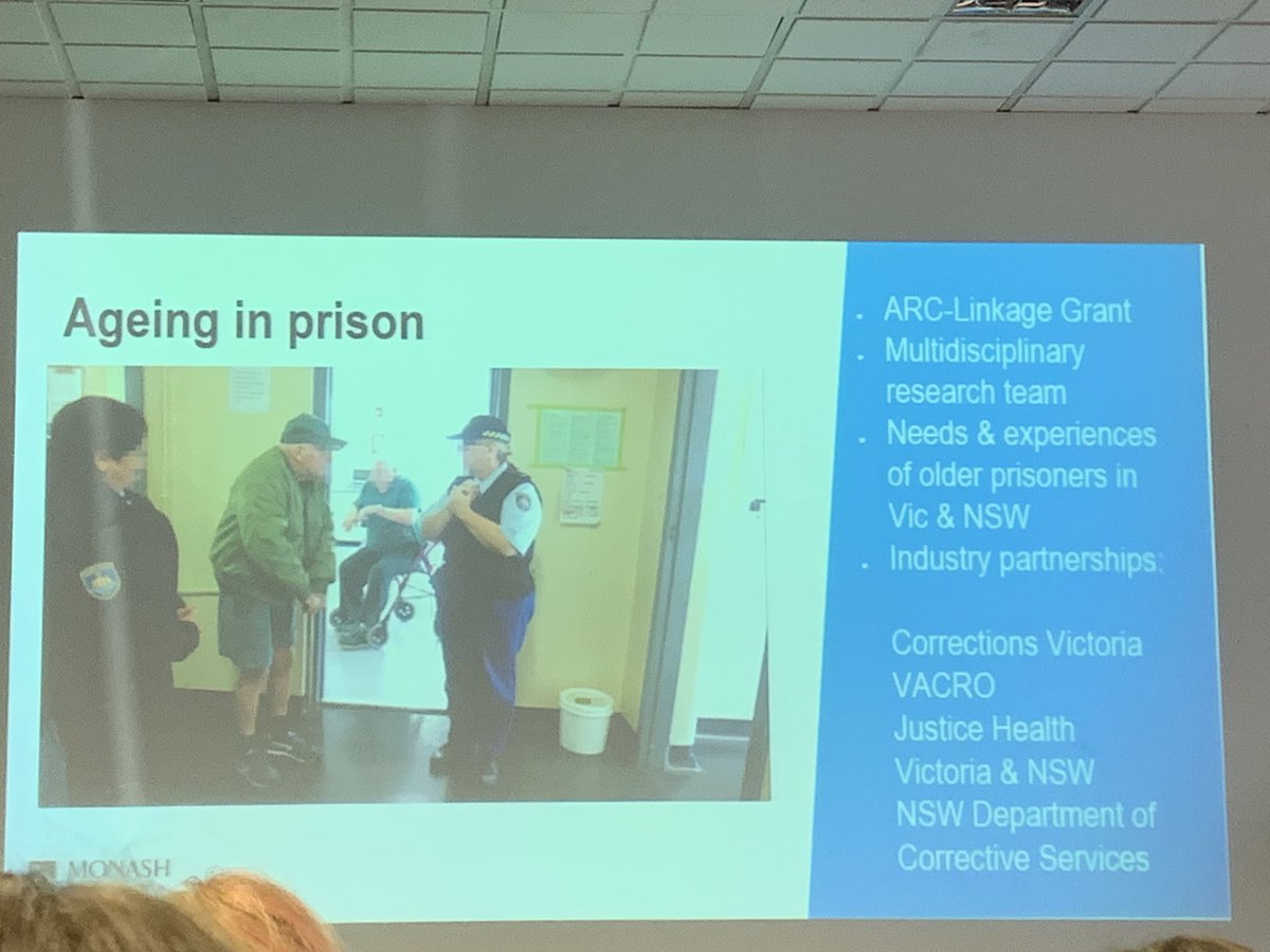 SPAHCMonash's tweet photo. How do we manage older adults health and well being, who are also in prison? #socialwork partnering with industry to answer big questions for long term aged health outcomes. #healthcaremodels #ageing #SPAHCResearch https://t.co/lSLvNZ1tOc