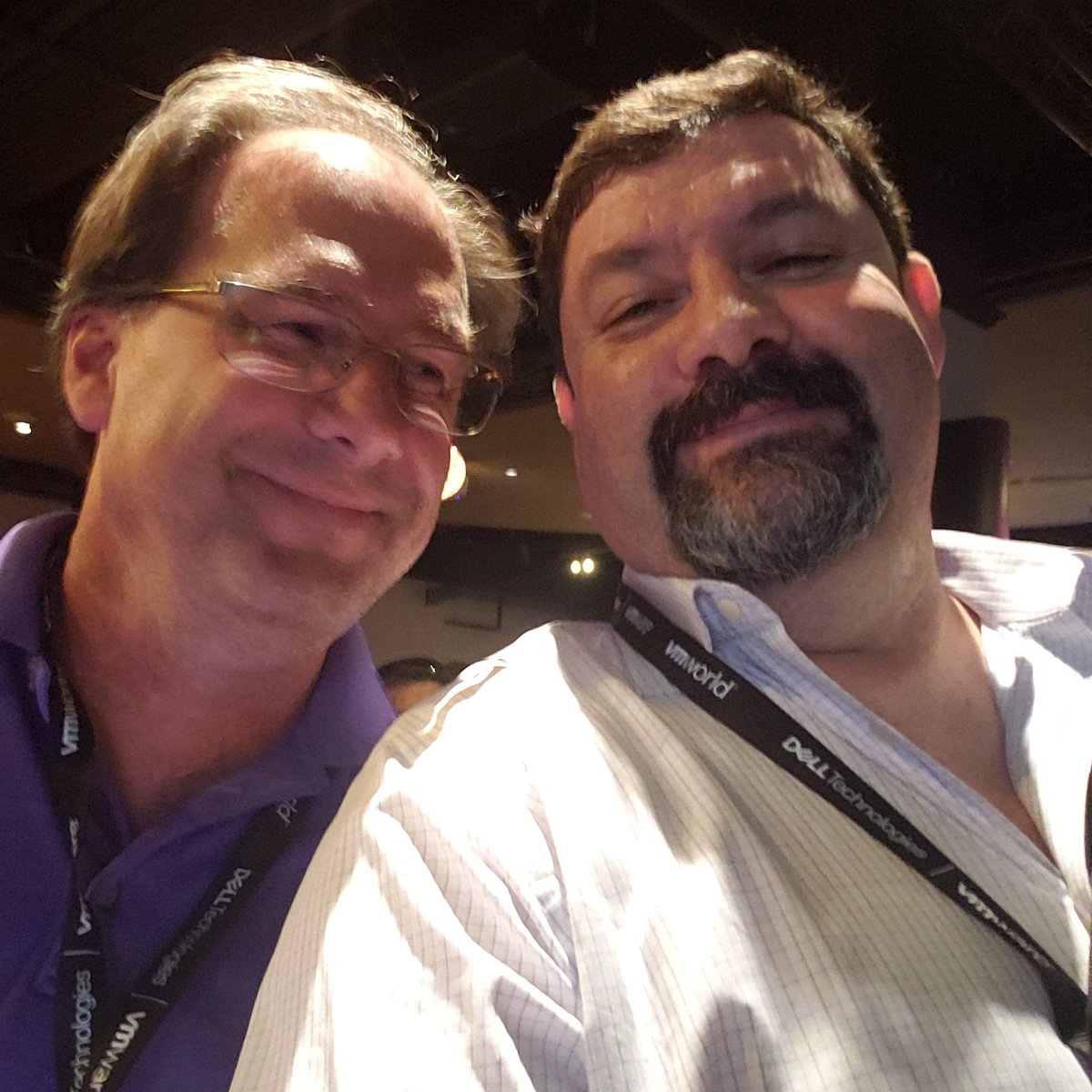 SGT_Wade's tweet photo. I found the elusive @VMJedi! Always good to see you my man. Glad I'm back in your phone. 😉 #vmworld https://t.co/qSMO3PTKsN