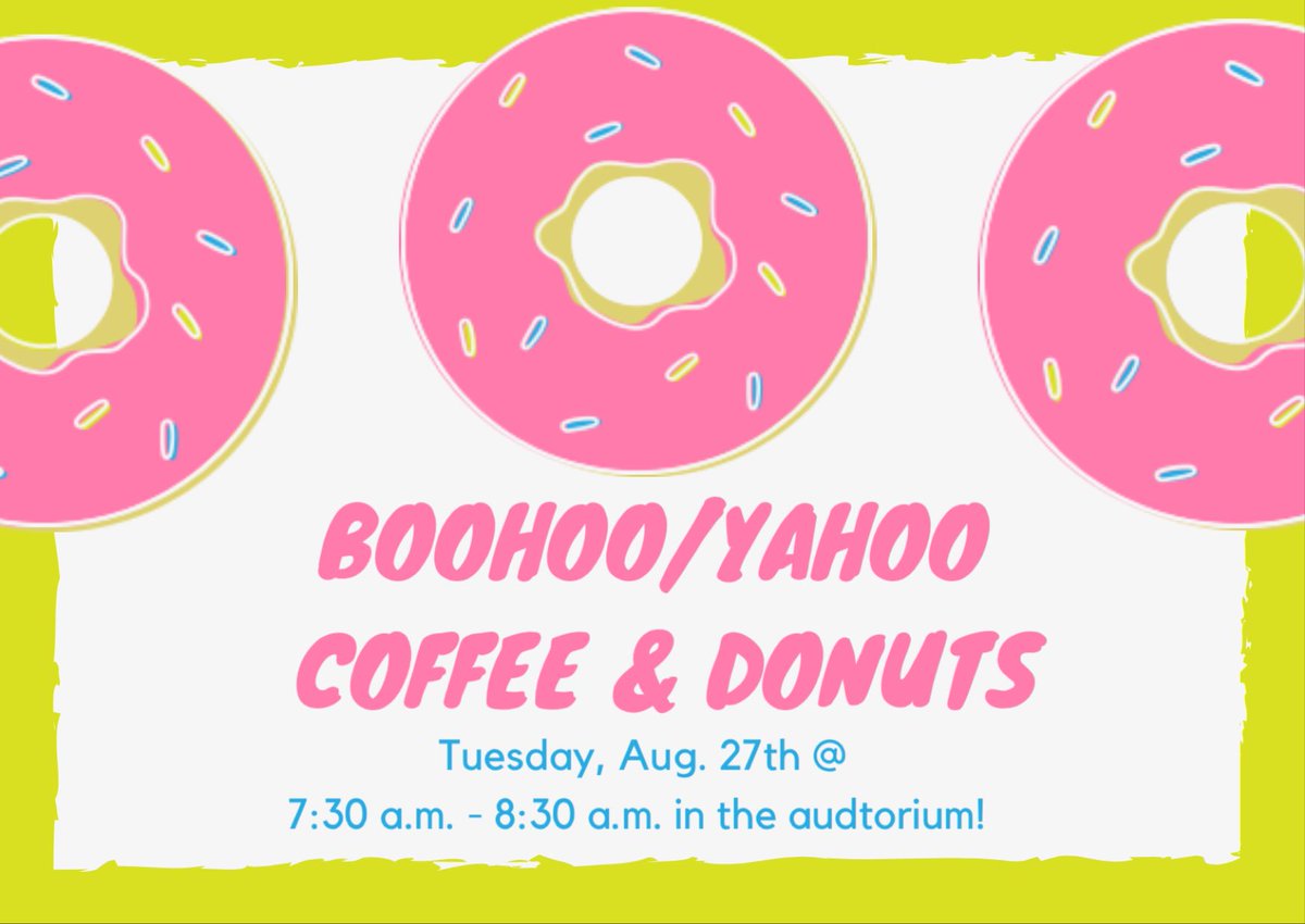 sfdslions's tweet photo. Some will cry boohoo and others will yell YAHOO! Regardless of your sentiment, join us for BooHoo/Yahoo Coffee &amp; Donuts tomorrow 7:30 a.m. - 8:30 a.m. in the school auditorium! 🍩 https://t.co/cWcVrzJTq7