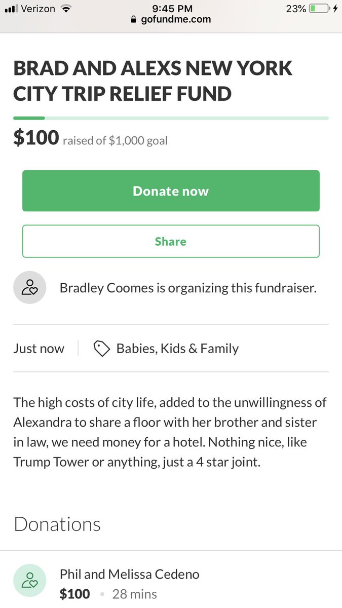 AlPalCedeno's tweet photo. My boyfriend started a GoFundMe as a joke when I told him the the cost of our hotel for our NYC trip. My parents did not get the joke. We have our first donation.  😂 @coomesbrad https://t.co/neQda84GPn