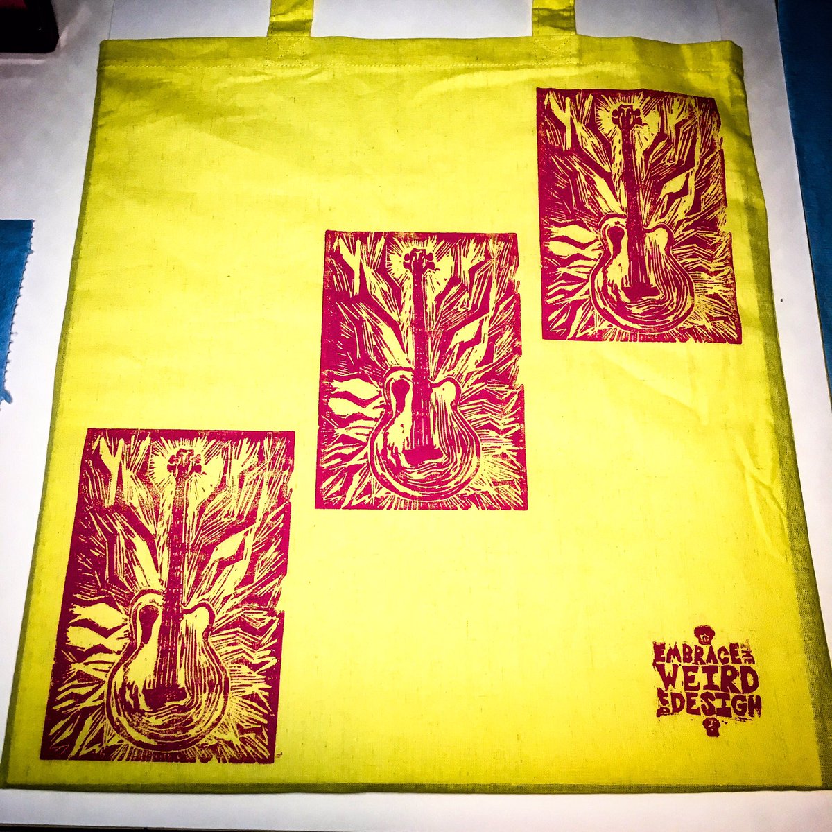BrianABernhard's tweet photo. Experimenting with my #BlockPrinting on #ToteBags!
This one is a yellow cotton canvas tote, #handprinted with my #Tacoma #Acustic #BassGuitar #Linocut!
Once this dries, it will be available for purchase at @abrand4weirdos !
#handmade #handmadela #craftedportla https://t.co/bbVR99wyjO