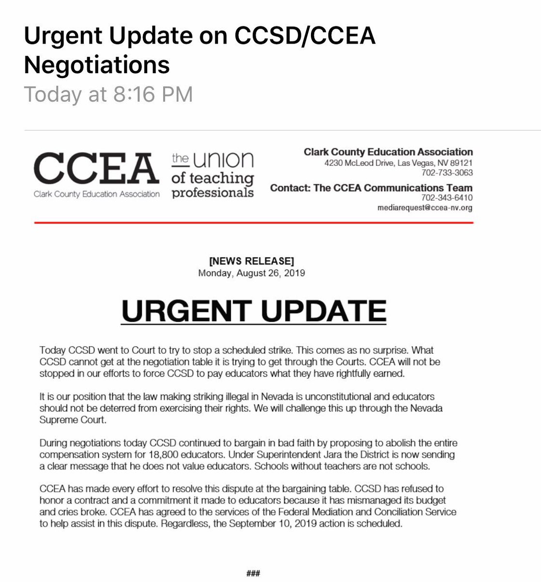 vegastheo's tweet photo. CCSD steps away from commitments since 2015-17 Contract. We will keep fighting until every educator who committed to their own professional growth gets what they worked for! Thanks to @cceanv #NegotiationCommittee 4U work & commitment to members! #CCEAStrong #VegasStrike https://t.co/zeWqSx6l3W