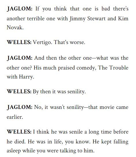 In which Orson Welles takes aim at Rear Window, Vertigo and Hitchcock's mental cognizance.Hitchcock, Alfred