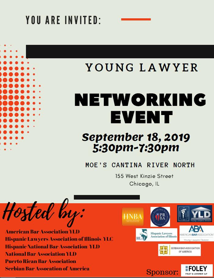 #Chicago here we come | Sept. 18 5:30 PM <a href="/MoesCantinaRvrN/">Moe's Cantina Rv Nth</a> come join us for a Young Lawyer Networking Event with our co-sponsors <a href="/SerbBar/">Serbian Bar Association of America</a> <a href="/ABAYLD/">ABA Young Lawyers</a> <a href="/nba_yld/">NBA Young Lawyers Division</a> <a href="/PRBAlaw/">PRBA-Illinois</a> <a href="/HLAITweets/">Hispanic Lawyers IL</a> 

RSVP  lnkd.in/gMTwQ9Z

#HNBAYLD @HNBARegionIX #Networking #chicagoIL
