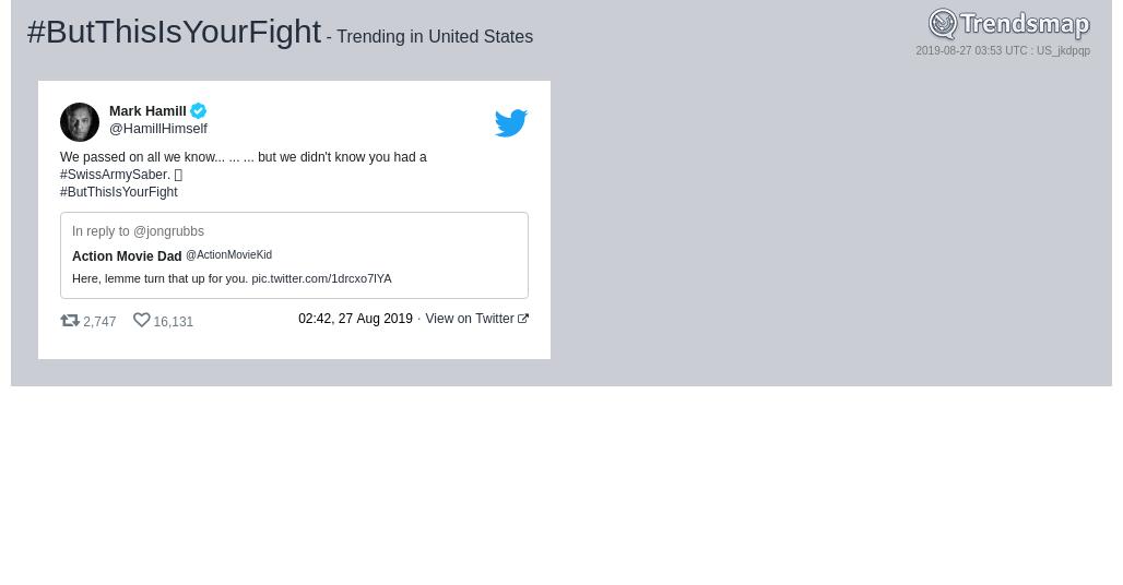 TrendsmapUSA's tweet photo. #butthisisyourfight is now trending in United States
https://t.co/5yDZN698FT https://t.co/HxkkMVS0dQ