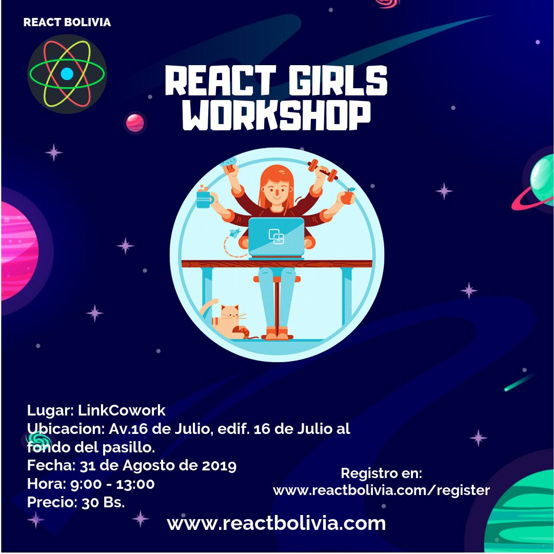 codevs_gd's tweet image. Hola #ReactDevs #ReactBolivia este sabado 31 de Agosto tendremos nuestro taller #ReactGirls, no se la pierdan.
Registro: reactbolivia.com/register
El #workshop será realizado en LINK Cowork a partir de las 09:00 con costo de 30Bs.