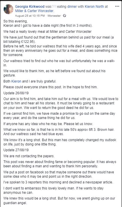 MillerandCarter's tweet photo. We respect this kind gentleman's wishes to remain anonymous, however we'd like to share this Facebook post far and wide in the hope that he'll see this and know that his lovely gesture is really appreciated.  #KindnessMatters https://t.co/oNqMbxaLIN