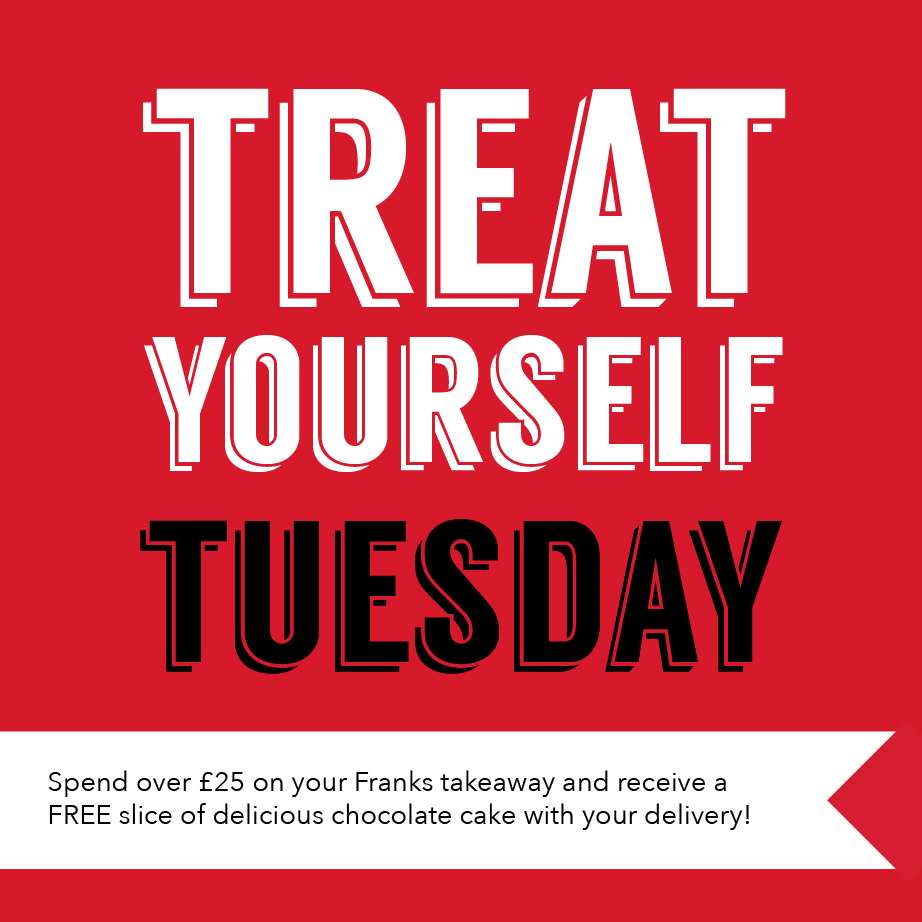 FranksHamburger's tweet photo. Treat Tuesday has come back around again, so make sure to take advantage of it this week!

If you order over £25 worth of delicious Franks #food, you will receive a free slice of CHOCOLATE CAKE! 😍

Order here 👉🏼 https://t.co/RSaeXEChhY

#Foodie #Northamptonshire #TreatTuesday https://t.co/iFEUUSC3r1
