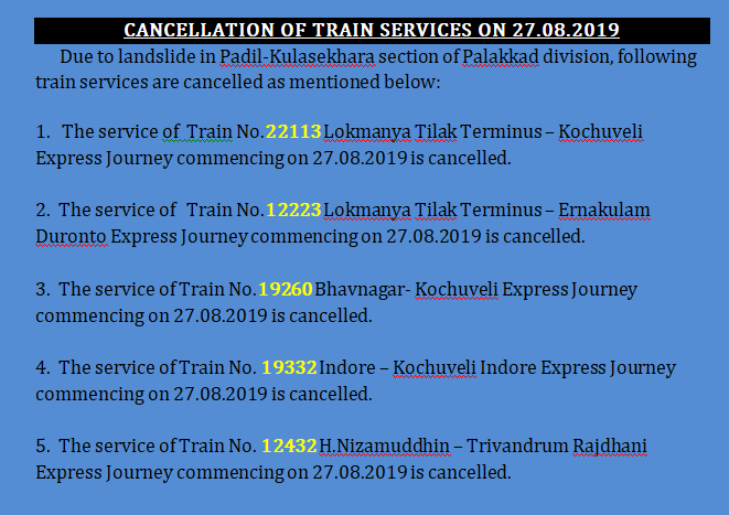 DRMPalghat's tweet photo. @GMSRailway @ccmsrly @SrDCMPGTSR @KonkanRailway 

          TRAIN SERVICES CANCELLED ON 27.08.2019 https://t.co/bAWsCX3fw4