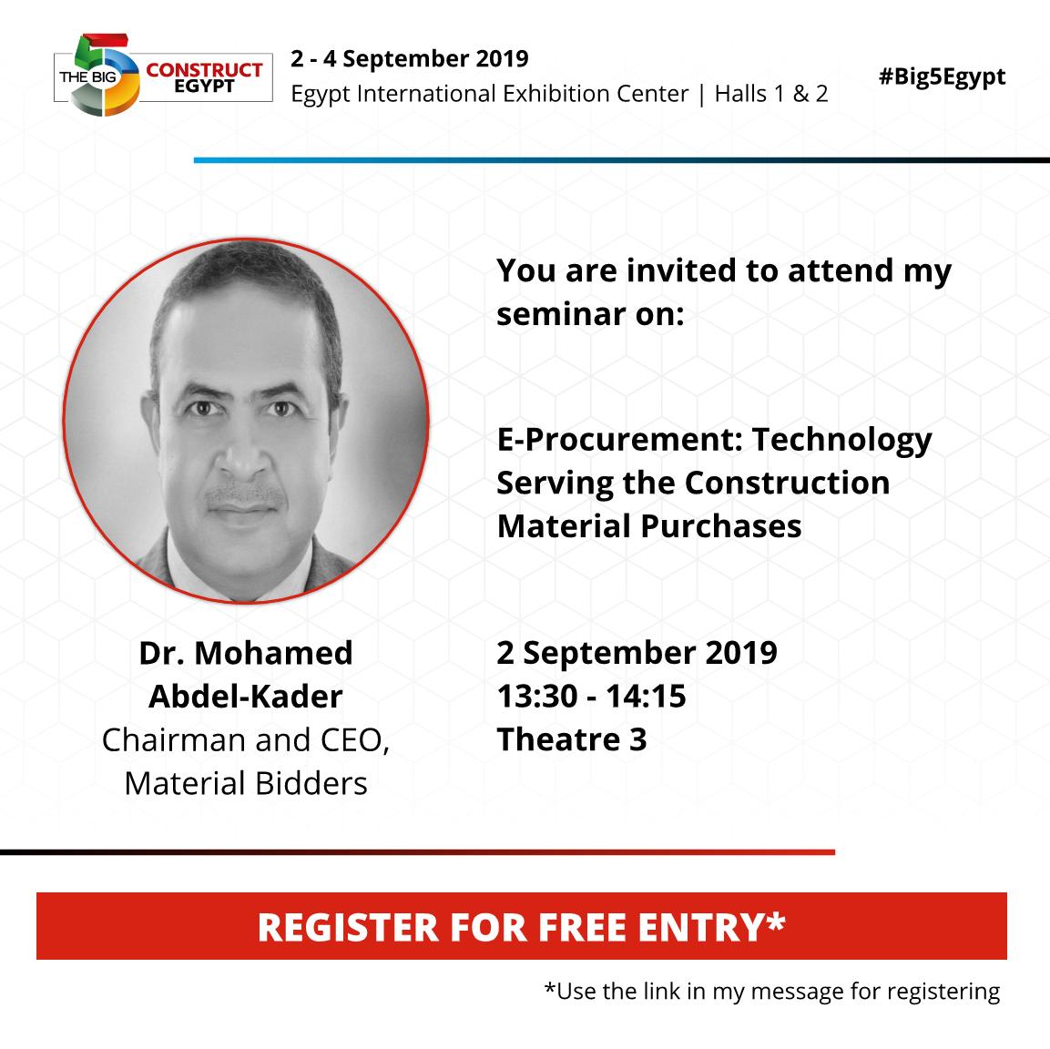 MaterialBidders's tweet photo. We are excited to share with you our seminar details for @Big5Egypt
Register today and join me at #Big5Egypt: https://t.co/VWQen3Tj4t
#Egypt #materialbidders #buildingmaterials #ThisIsEgypt #investinegypt #cairo #Big5 #MiddleEast #Africa #Construction https://t.co/TaSdGGNA18
