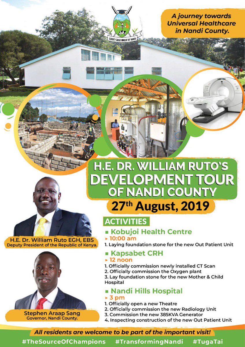 NewtonOmache's tweet photo. Deputy President @WilliamsRuto is expected to make three major stops in Nandi County today;

1. Kobujoi Health Centre
2. Nandi Hills County Hospital
3. Kapsabet County Referral Hospital

#UHCNandiCounty @Araap_Sang https://t.co/MORfm2Idzr