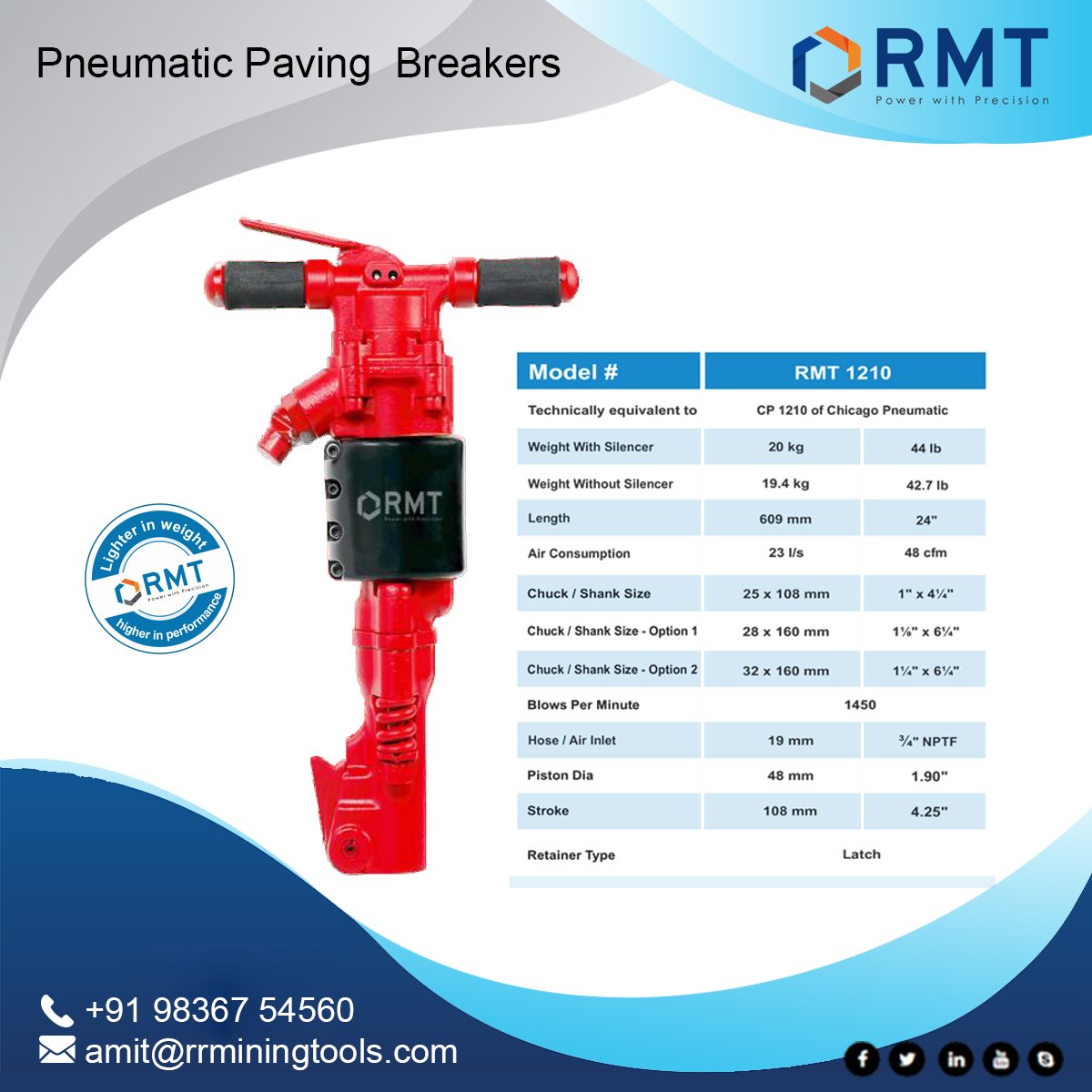 RMT_ramamining's tweet image. RMT 1210 (35 lb class) is technically equivalent to CP 1210 of Chicago Pneumatic.
Weight with silencer 20 kg (44 lb)

Visit to Know more models of Paving breakers:

bit.ly/30DFVnf

#atlascopco #chicagopneumatics #pneumaticbreakers #pavingbreaker #jackhammers
