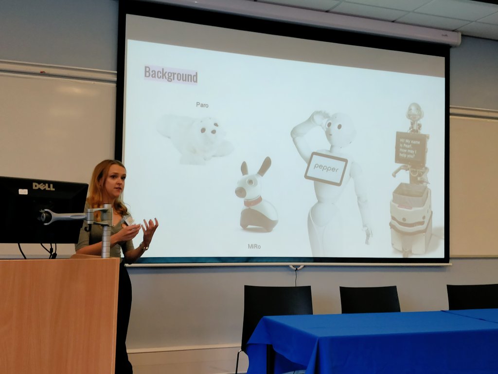 GuyLaban's tweet photo. @katie_riddoch tells us how she experienced people's differences from interactions of elderly population with robots. Great opening presentation for @BPSScot postgraduate research day event at @GcuPsychology #TeamSoBots #TeamSoBa @UofGPsychology #scotpgresearchday @BPSOfficial https://t.co/99VV3BFmMo