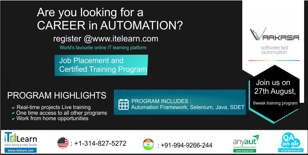 ITeLearn's tweet image. Are you looking for Career in Automation?
Register @www.itelearn.com
@Kosireddi
#AutomationFramework
#Selenium
#SeleniumWebdriver
#Java
#SDET
#itelearn