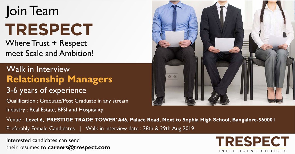 TrespectIndia's tweet photo. We are a team of passionate realty professionals and we are looking for people to join our team!

#walkininterview #relationshipmanager #wearehiring #jobopening #bangalorejobs #bangalore #realestatejobs #realestate #hospitality #hospitalityjobs #bfsi https://t.co/NMS0dZRcuc