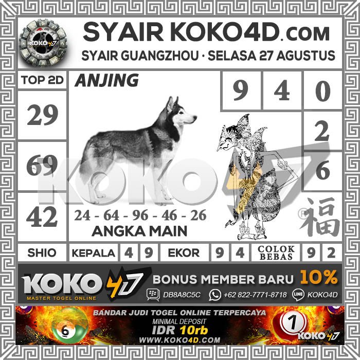 ØªÙˆÙŠØªØ± Koko4d Ø¹Ù„Ù‰ ØªÙˆÙŠØªØ± Prediksi Angka Main Togel Guangzhou Hari Selasa 27 Agustus 2019 Angka Main 9426 Colok Bebas 9 Dan 2 2d Cari Kawan 94 92