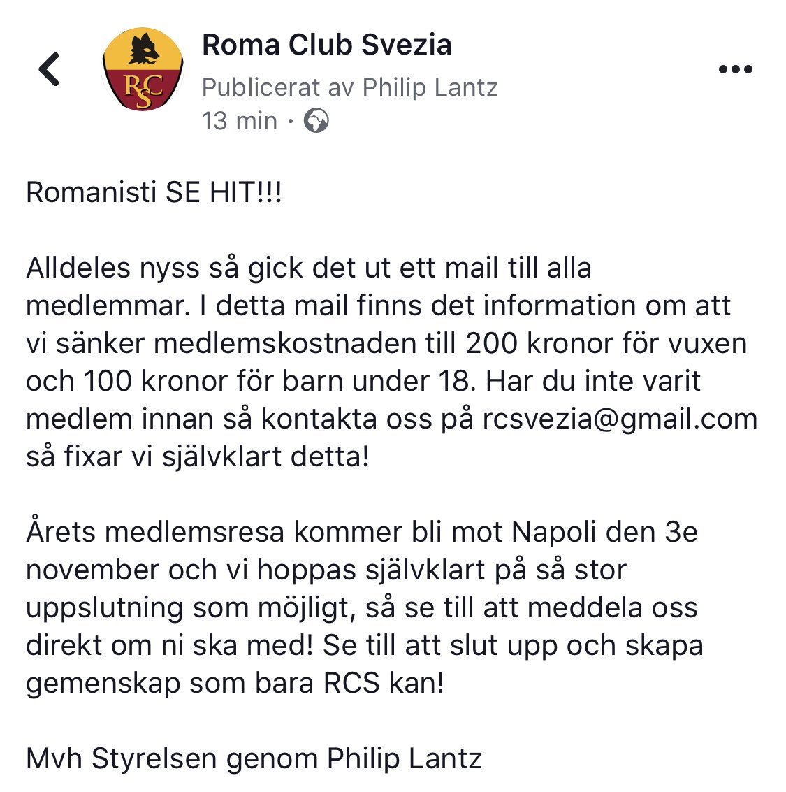 RCSvezia's tweet photo. Romanisti SE HIT!! 

Kort information om årsavgift, medlemspaket och medlemsresa! Om du varit medlem tidigare så har du fått mejl om detta och har du inte varit medlem innan så är det hög tid att bli detta! Kontakta oss på rcsvezia@gmail.com så fixar vi detta! 
#romaclubsvezia https://t.co/lEQ3TnpbQW