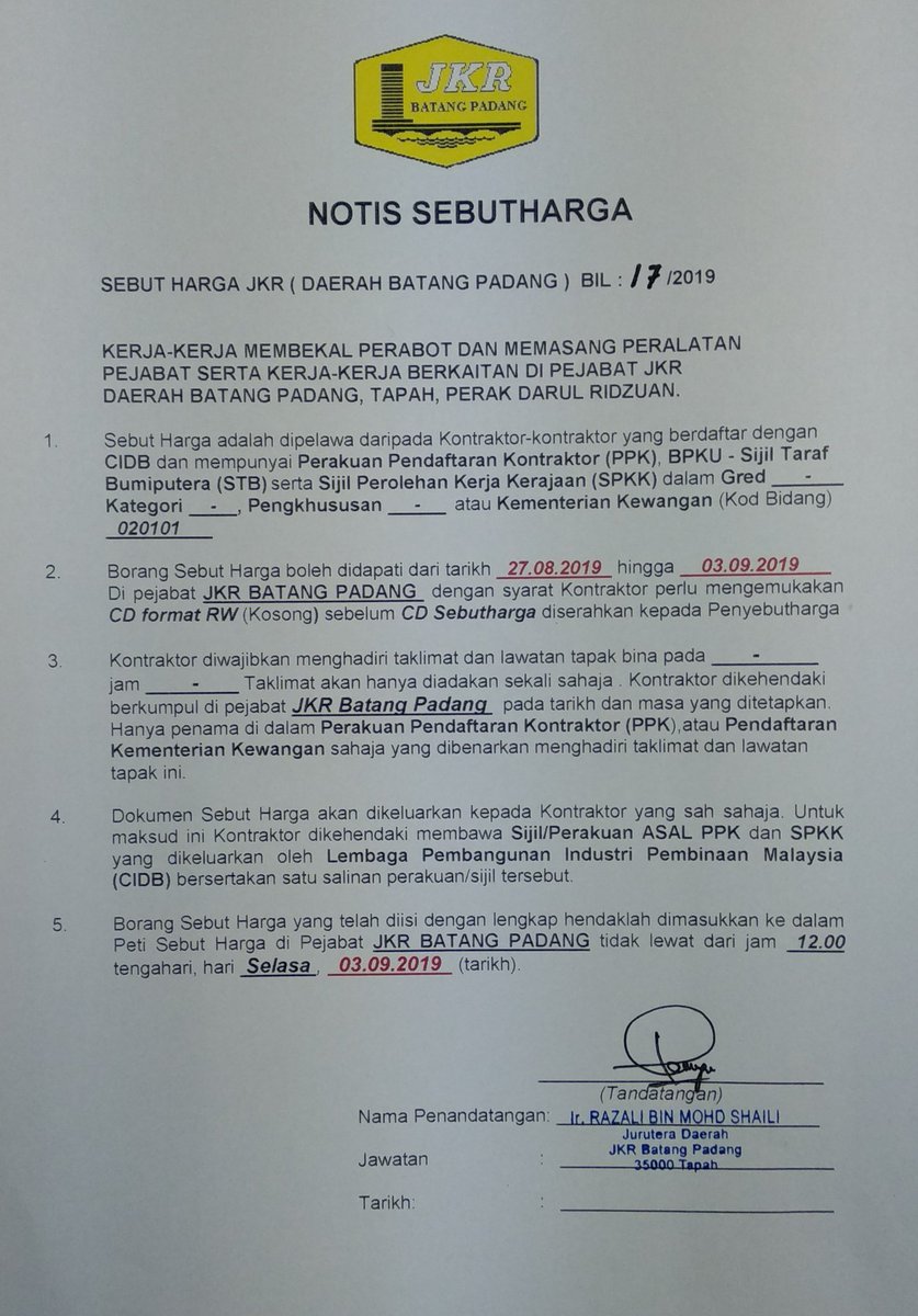 Jkr Batang Padang On Twitter Notis Sebutharga Tawaran Sebutharga Dibuka Pada Kontraktor Kontraktor Yang Berdaftar Dengan Kementerian Kewangan Kod Bidang 020101 Mulai 27 08 2019 Hingga 03 09 2019 Https T Co F0qo7zbia6