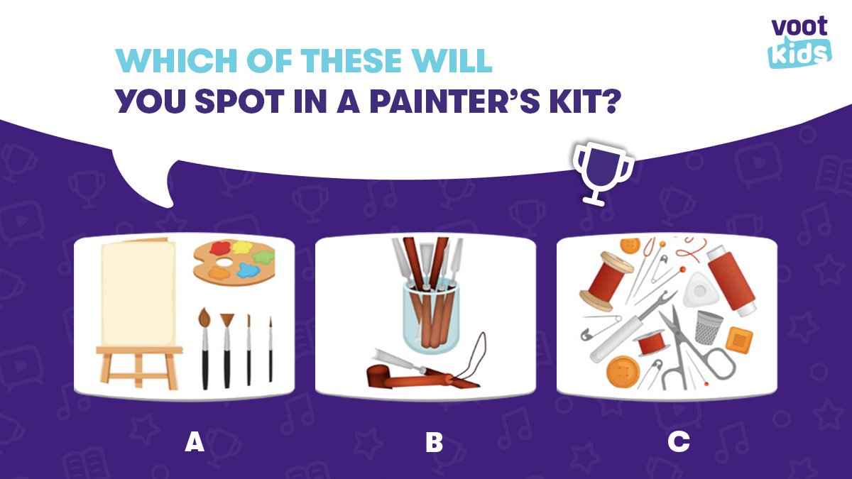 Voot_Kids's tweet photo. It’s time for an art attack! Ask your munchkin to identify the kit that a painter would use, and comment with the correct answer below. 

#TuesdayTrivia #VootKids #LearnWithVootKids #vootkidsapp #Art https://t.co/FDiMQzE13e