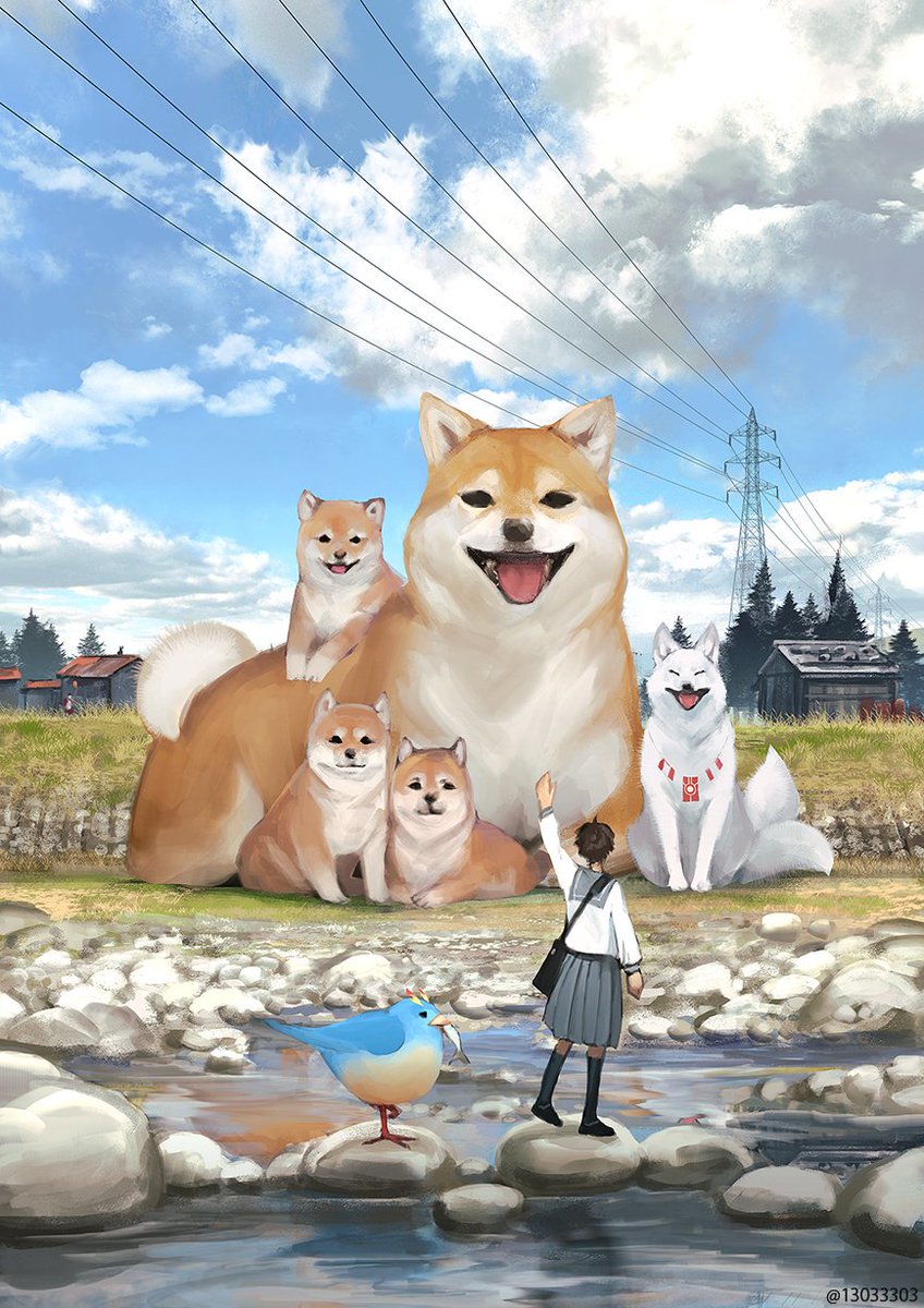 shiba inu dog 1girl bird outdoors skirt school uniform  illustration images