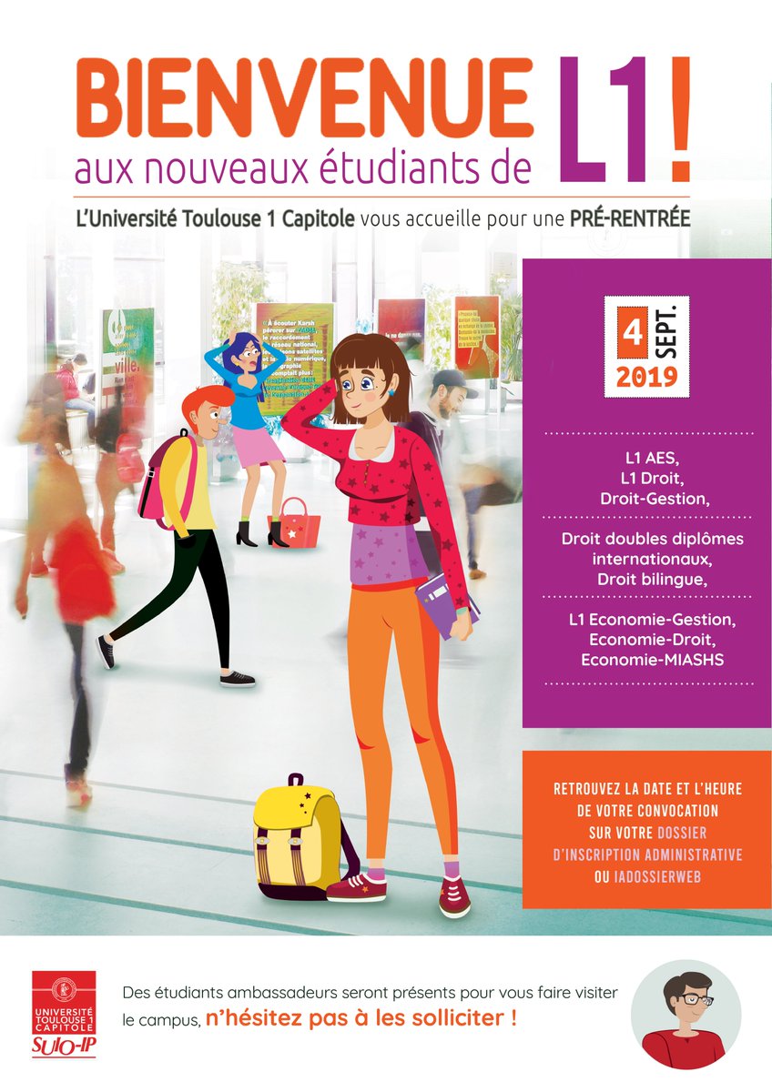 UTCapitole's tweet image. #rentrée2019_2020   
🔔L’#UTcapitole organise les 3 et 4 septembre les journées de pré-rentrée pour les étudiants en 1ère année de #licence de #Droit, d&apos;AES ou d&apos;#Economie !  
📌Arsenal/Anciennes facultés 👉 bit.ly/2L7mlsZ