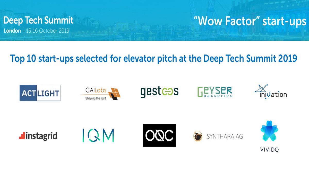 We are excited to announce top 10 European “wow factor” companies selected for elevator pitching sessions at the Deep Tech Summit 2019 in London, 15-16 October. Deadline for early-bird registrations: 30 August 2019. Join us on: bit.ly/2MGtapD #DTS19 #deeptech #startups