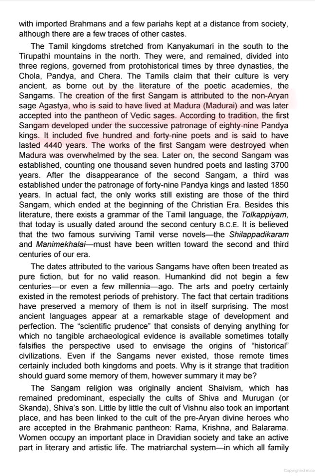 9/n I’m quoting from a book of an author who believes in Aryan Migration Theory but interestingly mentions “Sangam” as being founded by Agastya Rishi. Though to keep the point of Aryan-Dravidian Divide,attributes Agastya as Dravidian.World knows Agastya was a Vaidik Rishi. 
