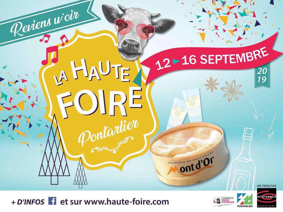 La Haute Foire : l'événement incontournable du Haut-Doubs vous ouvrira ses portes du jeudi 12 au lundi 16 septembre à Pontarlier ! 

+ d'infos > facebook.com/events/1052431…