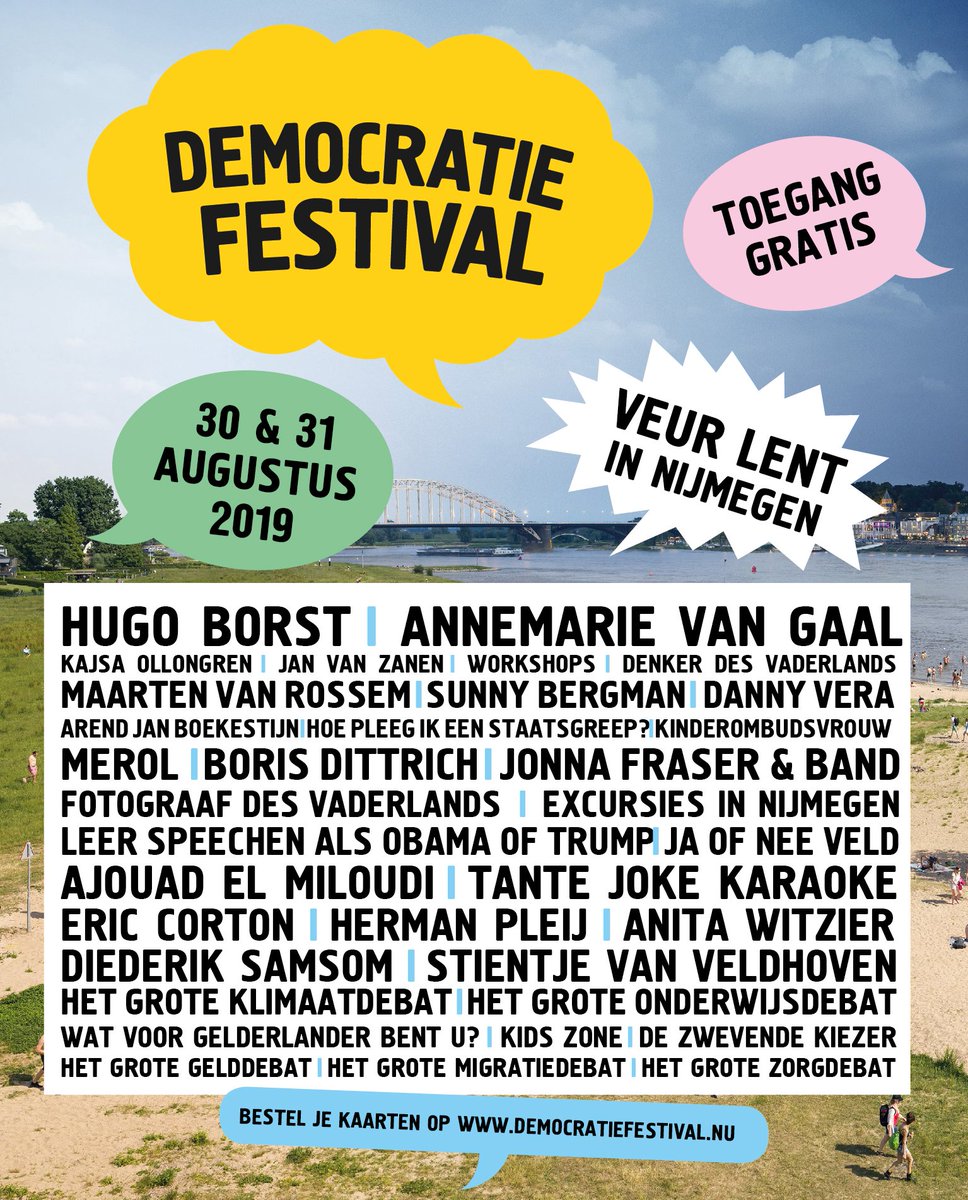 Zet nu in je agenda: 30 &amp; 31 augustus in Veur-Lent. Gratis toegang! 🎈
40 podia, 450 sprekers, excursies, acteurs, muzikanten e.v.a
Scoor je tickets! bit.ly/2La09P9
#democratiefestival #DF2019 #viermee #praatmee #doemee