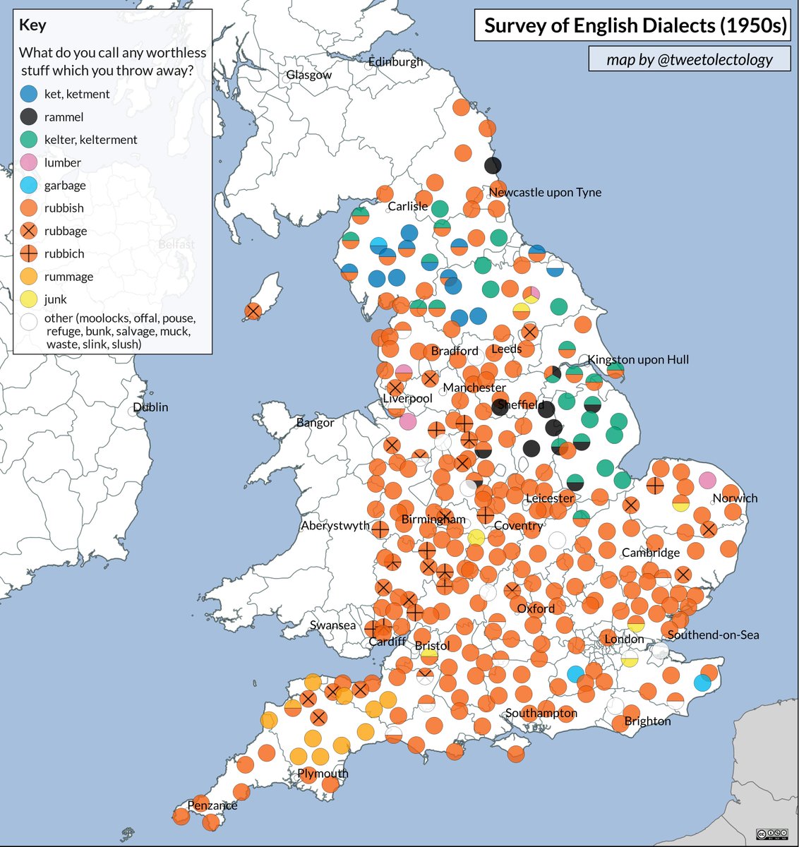 tweetolectology's tweet image. what word would you use for things you throw away? have you ever come across &apos;rummage&apos;, &apos;ketment&apos; or &apos;kelter&apos;?  #linguistics #englishlanguage #dialect #maps #mapporn #dialectology #dataviz #gis #variation