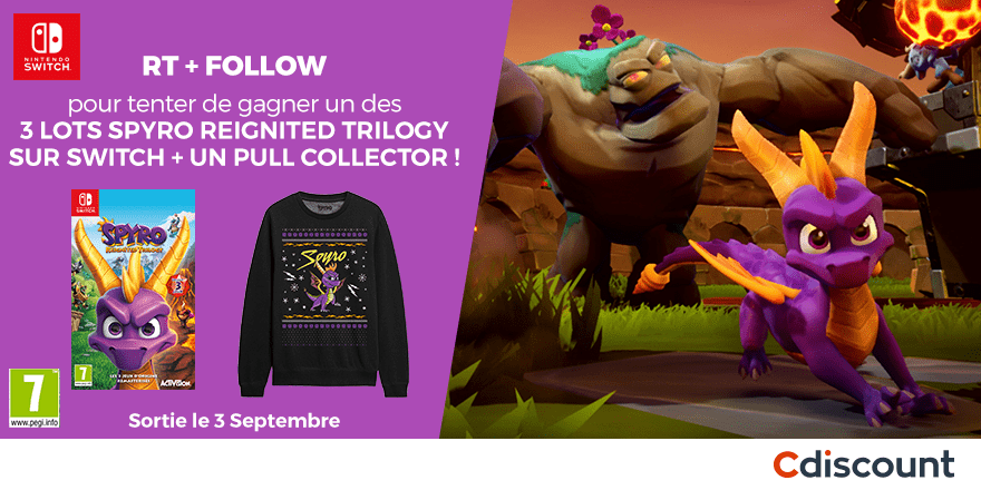 Cdiscount's tweet photo. 🎁 #Concours

🚩 Tentez de remporter l'un des 3 lots Spyro Reignited Trilogy mis en jeu ➡ https://t.co/FBVZ0BUj2W

🔸 Pour tenter votre chance : 
RT + Follow @Cdiscount

☑️ TAS 03/09 https://t.co/uP0wT9o1c4